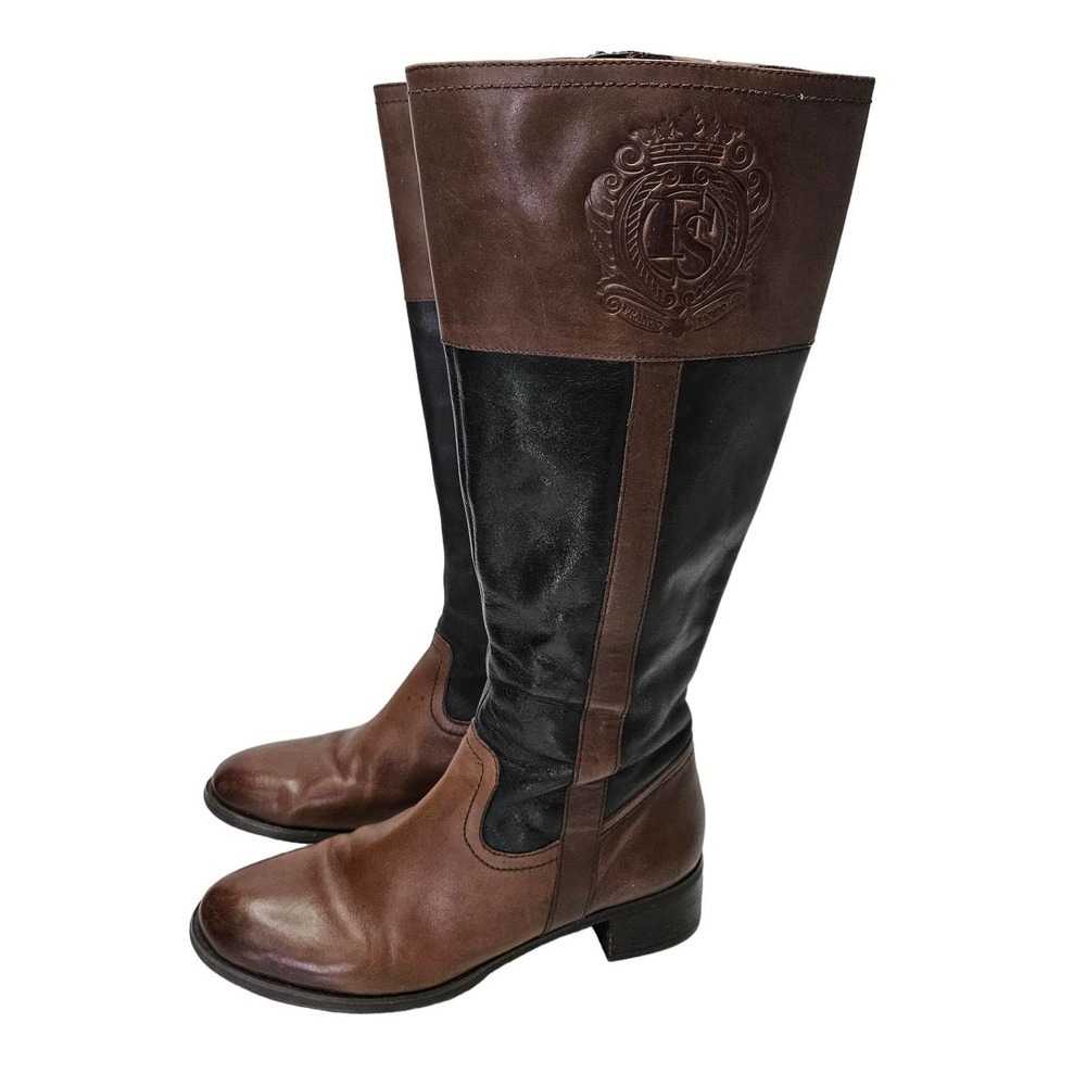 Franco Sarto Leather‎ Riding Boots 9.5 Black Brown Embossed Logo